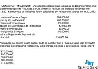 . (VUNESP/AFTM/SJRP/2014) Os seguintes dados foram extraídos do Balanço Patrimonial
da Demonstração de Resultado da Cia. Ametista, relativos ao exercício encerrado em
.12.2013, sendo que as variações foram calculadas em relação aos valores de 31.12.2012:
mento de Contas a Pagar 100.000,00
cro Líquido do Exercício 480.000,00
mento de Fornecedores 20.000,00
spesas de Depreciação do Imobilizado 170.000,00
mento de Recebíveis 60.000,00
minuição dos Estoques 50.000,00
sultado Negativo da Equivalência
trimonial 110.000,00
nsiderando-se apenas esses dados, pode-se concluir que o Fluxo de Caixa das atividades
eracionais da companhia representou uma entrada de caixa e equivalentes- caixa, em R$,
:
) 870.000,00.
) 990.000,00.
) 860.000,00.
) 800.000,00.
) 910.000,00.
 