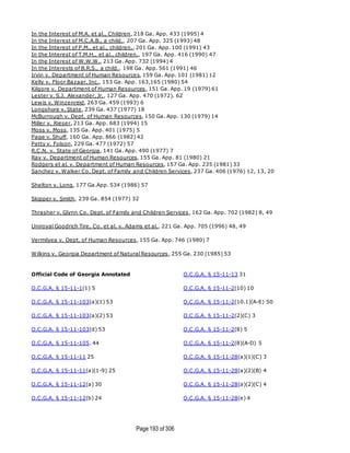 Page193 of 306
In the Interest of M.A. et al., Children, 218 Ga. App. 433 (1995) 4
In the Interest of M.C.A.B., a child., 207 Ga. App. 325 (1993) 48
In the Interest of P.M., et al., children., 201 Ga. App. 100 (1991) 43
In the Interest of T.M.H., et al., children., 197 Ga. App. 416 (1990) 47
In the Interest of W.W.W., 213 Ga. App. 732 (1994) 4
In the Interests of B.R.S., a child., 198 Ga. App. 561 (1991) 46
Irvin v. Department of Human Resources, 159 Ga. App. 101 (1981) 12
Kelly v. Floor Bazaar, Inc., 153 Ga. App. 163,165 (1980) 54
Kilgore v. Department of Human Resources, 151 Ga. App. 19 (1979) 61
Lester v. S.J. Alexander, Jr., 127 Ga. App. 470 (1972). 62
Lewis v. Winzenreid, 263 Ga. 459 (1993) 6
Longshore v. State, 239 Ga. 437 (1977) 18
McBurrough v. Dept. of Human Resources, 150 Ga. App. 130 (1979) 14
Miller v. Rieser, 213 Ga. App. 683 (1994) 15
Moss v. Moss, 135 Ga. App. 401 (1975) 5
Page v. Shuff, 160 Ga. App. 866 (1982) 42
Petty v. Folson, 229 Ga. 477 (1972) 57
R.C.N. v. State of Georgia, 141 Ga. App. 490 (1977) 7
Ray v. Department of Human Resources, 155 Ga. App. 81 (1980) 21
Rodgers et al. v. Department of Human Resources, 157 Ga. App. 235 (1981) 33
Sanchez v. Walker Co. Dept. of Family and Children Services, 237 Ga. 406 (1976) 12, 13, 20
Shelton v. Long, 177 Ga.App. 534 (1986) 57
Skipper v. Smith, 239 Ga. 854 (1977) 32
Thrasher v. Glynn Co. Dept. of Family and Children Services, 162 Ga. App. 702 (1982) 8, 49
Uniroyal Goodrich Tire, Co. et al. v. Adams et al., 221 Ga. App. 705 (1996) 48, 49
Vermilyea v. Dept. of Human Resources, 155 Ga. App. 746 (1980) 7
Wilkins v. Georgia Department of Natural Resources, 255 Ga. 230 (1985) 53
Official Code of Georgia Annotated
O.C.G.A. § 15-11-1(1) 5
O.C.G.A. § 15-11-103(a)(1) 53
O.C.G.A. § 15-11-103(a)(2) 53
O.C.G.A. § 15-11-103(d) 53
O.C.G.A. § 15-11-105. 44
O.C.G.A. § 15-11-11 25
O.C.G.A. § 15-11-11(a)(1-9) 25
O.C.G.A. § 15-11-12(a) 30
O.C.G.A. § 15-11-12(b) 24
O.C.G.A. § 15-11-13 31
O.C.G.A. § 15-11-2(10) 10
O.C.G.A. § 15-11-2(10.1)(A-E) 50
O.C.G.A. § 15-11-2(2)(C) 3
O.C.G.A. § 15-11-2(8) 5
O.C.G.A. § 15-11-2(8)(A-D) 5
O.C.G.A. § 15-11-28(a)(1)(C) 3
O.C.G.A. § 15-11-28(a)(2)(B) 4
O.C.G.A. § 15-11-28(a)(2)(C) 4
O.C.G.A. § 15-11-28(e) 4
 