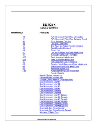 Parent Attorney Trial Notebook
SECTION X
Table of Contents
FORM NUMBER FORM NAME
100 PUP / Homestead / Parent Aide Authorization
101 PUP / Homestead / Parent Aide Cumulative Record
387 Social Services  Case Plan
388 Case Plan: Goals/Steps
431 Child Abuse and Neglect Report  Instructions
450 Basic Information Worksheet
452 Contact Form
453 Child Abuse/Neglect Worksheet  Instructions
454 Investigative Conclusion  Instructions
455A Safety Assessment  Instructions
455B Safety Assessment  Instructions
457 Risk Assessment Scale  Instructions
458 Strengths / Needs Assessment Scale  Instructions
460 Risk Reassessment Scale  Instructions
590 Internal Data System (IDS)
5459 Authorization For Release Of Information
Record of Reports
Record ofReports  Instructions
Sample Mandated Reporter Letter
Access to Criminal History in CPS Investigations
Case Determination Letter # 1
Case Determination Letter # 2
Case Determination Letter # 3
Case Determination Letter # 4
Case Determination Letter # 5a
Case Determination Letter # 5b
Case Determination Letter # 1 (Espanol)
Case Determination Letter # 2 (Espanol)
Case Determination Letter # 3 (Espanol)
Case Determination Letter # 4 (Espanol)
Case Determination Letter # 5a (Español)
Case Determination Letter # 5b (Español)
Response to Case Review Request
Response to Case Review Request(Espanol)
Nationwide CPS Alert Form
 