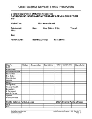 Child Protective Services: Family Preservation
Social Services Manual Child Protective Chapter 2100, Section VII
September 2000 Page 50
Georgia Departmentof Human Resources
BACKGROUND INFORMATIONFOR STATE AGENCY CHILD FORM
419
Worker/Title: Birth Name of Child:
Telephone #: Date: Date Birth of Child: Time of
Birth:
Sex:
Home County: Boarding County: Race/Ethnic:
Child’s Mother Grandmother Grandfather Father Grandmother Grandfather
DOB
Race/Ethnic
National Descent:
Hair Color:
Eye Color:
Complexion:
Weight:
Height:
Occupation:
General Health:
Education:
If Deceased
Age & Cause
Special
Characteristics
Child’s Maternal Aunts & Uncles Child’s Paternal Aunts & Uncles
DOB
Sex
 