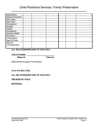 Child Protective Services: Family Preservation
Social Services Manual Child Protective Chapter 2100, Section VII
September 2000 Page 51
ALL RELATIONSHIPS ARE TO THE CHILD
CHILD’S NAME: __________________________
Maternal Paternal
(Add additional pages if necessary)
Form 419 (Rev 2-99)
ALL RELATIONSHIPS ARE TO THE CHILD
SIBLINGS OF CHILD
MATERNAL
Race/Ethnic
National Descent:
Hair Color:
Eye Color:
Complexion:
Weight:
Height:
Occupation:
General Health:
Education:
If Deceased
Age & Cause
Special
Characteristics
 
