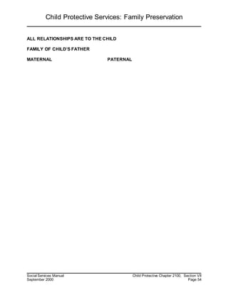 Child Protective Services: Family Preservation
Social Services Manual Child Protective Chapter 2100, Section VII
September 2000 Page 54
ALL RELATIONSHIPS ARE TO THE CHILD
FAMILY OF CHILD’S FATHER
MATERNAL PATERNAL
 
