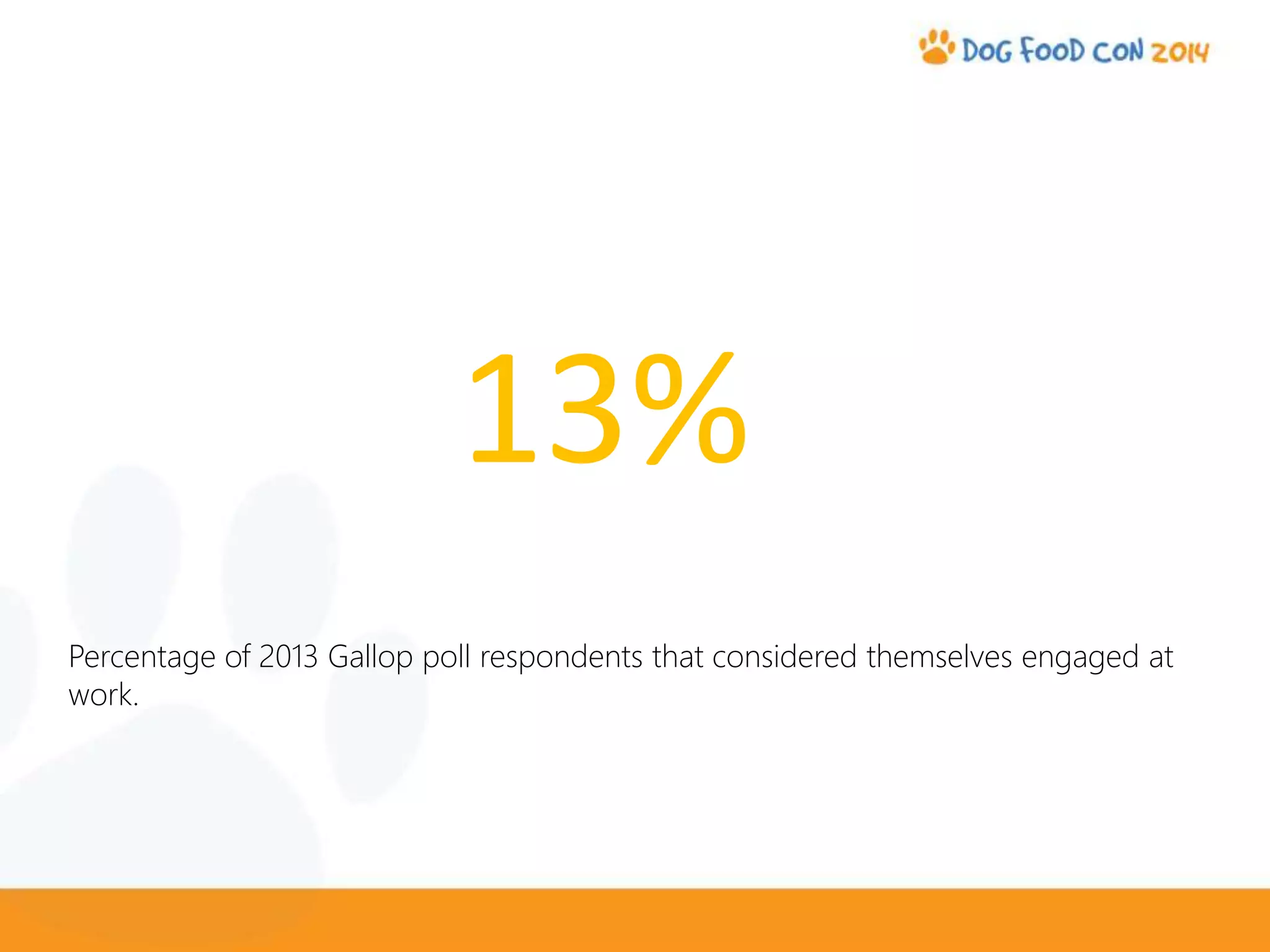 13%
Percentage of 2013 Gallop poll respondents that considered themselves engaged at
work.