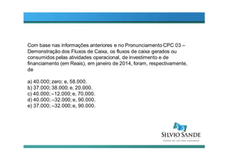 Com base nas informações anteriores e no Pronunciamento CPC 03 –
Demonstração dos Fluxos de Caixa, os fluxos de caixa gerados ou
consumidos pelas atividades operacional, de investimento e de
financiamento (em Reais), em janeiro de 2014, foram, respectivamente,
de
a) 40.000; zero; e, 58.000.
b) 37.000; 38.000; e, 20.000.
c) 40.000; –12.000; e, 70.000.
d) 40.000; –32.000;e, 90.000.
e) 37.000; –32.000;e, 90.000.
 