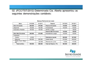 02. (FCC/TST/2012) Determinada Cia. Aberta apresentou as
seguintes demonstrações contábeis:
 