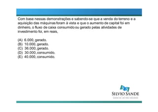 Com base nessas demonstrações e sabendo-se que a venda do terreno e a
aquisição das máquinas foram à vista e que o aumento de capital foi em
dinheiro, o fluxo de caixa consumido ou gerado pelas atividades de
investimento foi, em reais,
(A) 6.000, gerado.
(B) 10.000, gerado.
(C) 36.000,gerado.
(D) 30.000,consumido.
(E) 40.000, consumido.
 