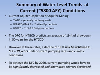 Summary of Water Level Trends at
         Current (~5800 AFY) Conditions
• Current Aquifer Depletion or Aquifer Mining
   – TWDB – generally declining levels
   – BSEACD/GMA 9 – ~1-4 feet/yr declines
   – HTGCD – ~1.3-3.5 feet/year declines

• The DFC for HTGCD predicts an average of 19 ft of drawdown
  in 50 years for the HTGCD

• However at these rates, a decline of 19 ft will be achieved in
  5.5 – 19 years under current pumping rates and climatic
  conditions

• To achieve the DFC by 2060, current pumping would have to
  be significantly decreased and alternative sources developed
 
