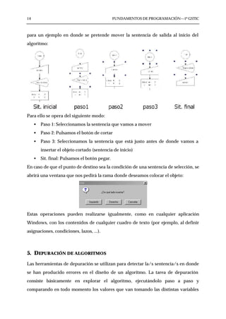 14                                              FUNDAMENTOS DE PROGRAMACIÓN—1º GSTIC



para un ejemplo en donde se pretende mover la sentencia de salida al inicio del
algoritmo:




Para ello se opera del siguiente modo:
     •   Paso 1: Seleccionamos la sentencia que vamos a mover
     •   Paso 2: Pulsamos el botón de cortar
     •   Paso 3: Seleccionamos la sentencia que está justo antes de donde vamos a
         insertar el objeto cortado (sentencia de inicio)
     •   Sit. final: Pulsamos el botón pegar.
En caso de que el punto de destino sea la condición de una sentencia de selección, se
abrirá una ventana que nos pedirá la rama donde deseamos colocar el objeto:




Estas operaciones pueden realizarse igualmente, como en cualquier aplicación
Windows, con los contenidos de cualquier cuadro de texto (por ejemplo, al definir
asignaciones, condiciones, lazos, ...).



5. DEPURACIÓN DE ALGORITMOS
Las herramientas de depuración se utilizan para detectar la/s sentencia/s en donde
se han producido errores en el diseño de un algoritmo. La tarea de depuración
consiste básicamente en explorar el algoritmo, ejecutándolo paso a paso y
comparando en todo momento los valores que van tomando las distintas variables
 