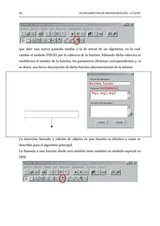 20                                        FUNDAMENTOS DE PROGRAMACIÓN—1º GSTIC




que abre una nueva pantalla similar a la de inicial de un algoritmo, en la cual
cambia el símbolo INICIO por la cabecera de la función. Editando dicha cabecera se
establecerá el nombre de la función, los parámetros (ficticios) correspondientes y, si
se desea, una breve descripción de dicha función (documentación de la misma).




La inserción, borrado y edición de objetos en una función es idéntica a como se
describió para el algoritmo principal.
La llamada a una función desde otro módulo tiene también un símbolo especial en
DFD
 