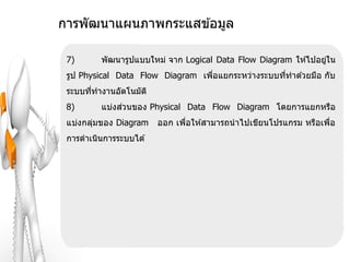 การพัฒนาแผนภาพกระแสข ้อมูล

 7)       พัฒนารูปแบบใหม่ จาก Logical Data Flow Diagram ให ้ไปอยูใน
                                                                 ่
 รูป Physical Data Flow Diagram เพือแยกระหว่างระบบทีทาด ้วยมือ กับ
                                   ่                ่
 ระบบทีทางานอัตโนมัต ิ
       ่
 8)            ่
          แบ่งสวนของ Physical Data Flow Diagram โดยการแยกหรือ
 แบ่งกลุมของ Diagram
        ่                ออก เพือให ้สามารถนาไปเขียนโปรแกรม หรือเพือ
                                ่                                  ่
 การดาเนินการระบบได ้
 