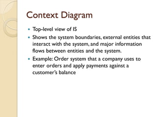 Context Diagram
 Top-level view of IS
 Shows the system boundaries, external entities that
  interact with the system, and major information
  flows between entities and the system.
 Example: Order system that a company uses to
  enter orders and apply payments against a
  customer’s balance
 