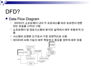 DFD?
   Data Flow Diagram
     데이터가 소프트웨어 내의 각 프로세스를 따라 흐르면서 변환
      되는 모습을 나타낸 그림
     소프트웨어 및 정보시스템의 분석과 설계에서 매우 유용하게 사
      용
     시스템의 모형화 도구로서 가장 보편적으로 사용
     데이터에 비해 기능이 매우 복잡하고 중요할 경우에 매우 유용
 