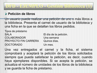 DFD - EJEMPLO - Gestión Biblioteca (1)
 Petición de libros
Un usuario puede realizar una petición de uno o más libros a
la biblioteca. Presenta el carnet de usuario de la biblioteca y
una ficha en la que se detallan los libros pedidos.
Tipos de préstamo
SALA                       El día de la petición.
COLABORADOR                Una semana
PROYECTO FIN CARRERA       Quince días.
DOCTORADO                  Un mes.
Una vez entregados el carnet y la ficha, el sistema
comprobará y aceptará la petición de los libros solicitados
siempre que pueda satisfacer la petición, es decir, cuando
haya ejemplares disponibles. Si se acepta la petición, se
actualiza el número de unidades de los libros de la biblioteca
y se guarda la ficha de préstamo.
 
