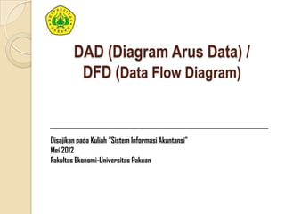 DAD (Diagram Arus Data) /
DFD (Data Flow Diagram)

Disajikan pada Kuliah “Sistem Informasi Akuntansi”
Mei 2012
Fakultas Ekonomi-Universitas Pakuan

 
