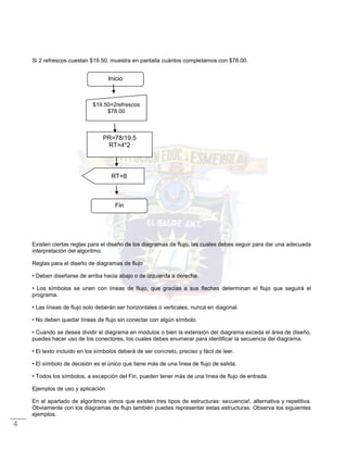 Capítulo: 1.3 Diagramas. 
4 
Si 2 refrescos cuestan $19.50, muestra en pantalla cuántos completamos con $78.00. 
Existen ciertas reglas para el diseño de los diagramas de flujo, las cuales debes seguir para dar una adecuada interpretación del algoritmo. 
Reglas para el diseño de diagramas de flujo 
• Deben diseñarse de arriba hacia abajo o de izquierda a derecha. 
• Los símbolos se unen con líneas de flujo, que gracias a sus flechas determinan el flujo que seguirá el programa. 
• Las líneas de flujo solo deberán ser horizontales o verticales, nunca en diagonal. 
• No deben quedar líneas de flujo sin conectar con algún símbolo. 
• Cuando se desea dividir el diagrama en módulos o bien la extensión del diagrama exceda el área de diseño, puedes hacer uso de los conectores, los cuales debes enumerar para identificar la secuencia del diagrama. 
• El texto incluido en los símbolos deberá de ser concreto, preciso y fácil de leer. 
• El símbolo de decisión es el único que tiene más de una línea de flujo de salida. 
• Todos los símbolos, a excepción del Fin, pueden tener más de una línea de flujo de entrada. 
Ejemplos de uso y aplicación 
En el apartado de algoritmos vimos que existen tres tipos de estructuras: secuencia!, alternativa y repetitiva. Obviamente con los diagramas de flujo también puedes representar estas estructuras. Observa los siguientes ejemplos. 
Inicio 
$19.50=2refrescos 
$78.00 
PR=78/19.5 
RT=4*2 
RT=8 
Fin  