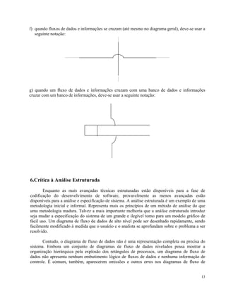 f) quando fluxos de dados e informações se cruzam (até mesmo no diagrama geral), deve-se usar a
seguinte notação:
g) quando um fluxo de dados e informações cruzam com uma banco de dados e informações
cruzar com um banco de informações, deve-se usar a seguinte notação:
6.Crí
m diagrama de fluxo de dados de alto nível pode ser desenhado rapidamente, sendo
facilm edida que o usuário e o analista se aprofundam sobre o problema a ser
resolvi
controle. É comum, também, aparecerem omissões e outros erros nos diagramas de fluxo de
tica à Análise Estruturada
Enquanto as mais avançadas técnicas estruturadas estão disponíveis para a fase de
codificação do desenvolvimento de software, provavelmente as menos avançadas estão
disponíveis para a análise e especificação de sistema. A análise estruturada é um exemplo de uma
metodologia inicial e informal. Representa mais os princípios de um método de análise do que
uma metodologia madura. Talvez a mais importante melhoria que a análise estruturada introduz
seja mudar a especificação do sistema de um grande e ilegível torno para um modelo gráfico de
fácil uso. U
ente modificado à m
do.
Contudo, o diagrama de fluxo de dados não é uma representação completa ou precisa do
sistema. Embora um conjunto de diagramas de fluxo de dados nivelados possa mostrar a
organização hierárquica pela explosão dos retângulos de processos, um diagrama de fluxo de
dados não apresenta nenhum embutimento lógico de fluxos de dados e nenhuma informação de
13
 