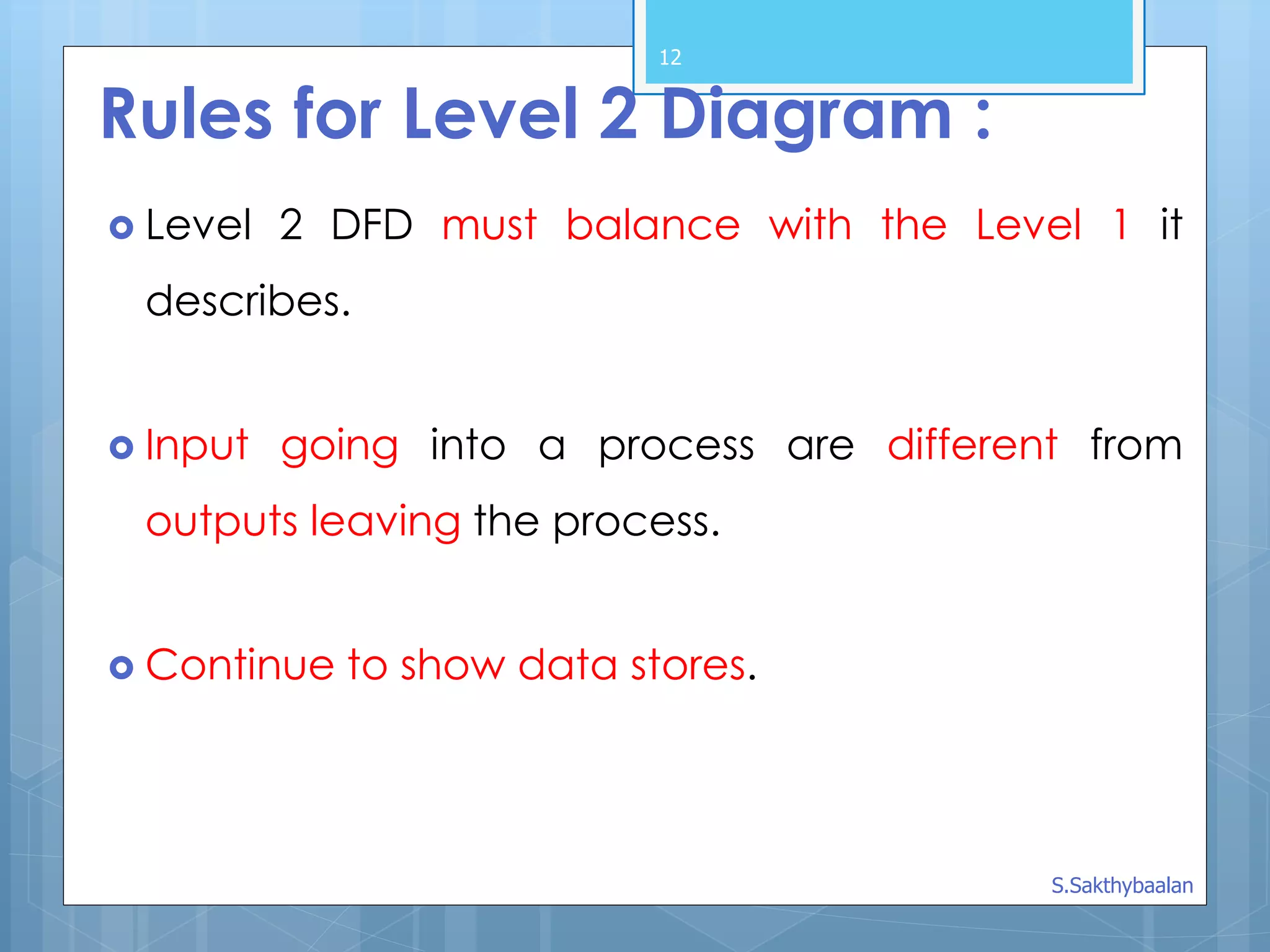 12
Rules for Level 2 Diagram :
 Level 2 DFD must balance with the Level 1 it
describes.
 Input going into a process are different from
outputs leaving the process.
 Continue to show data stores.
S.Sakthybaalan
 