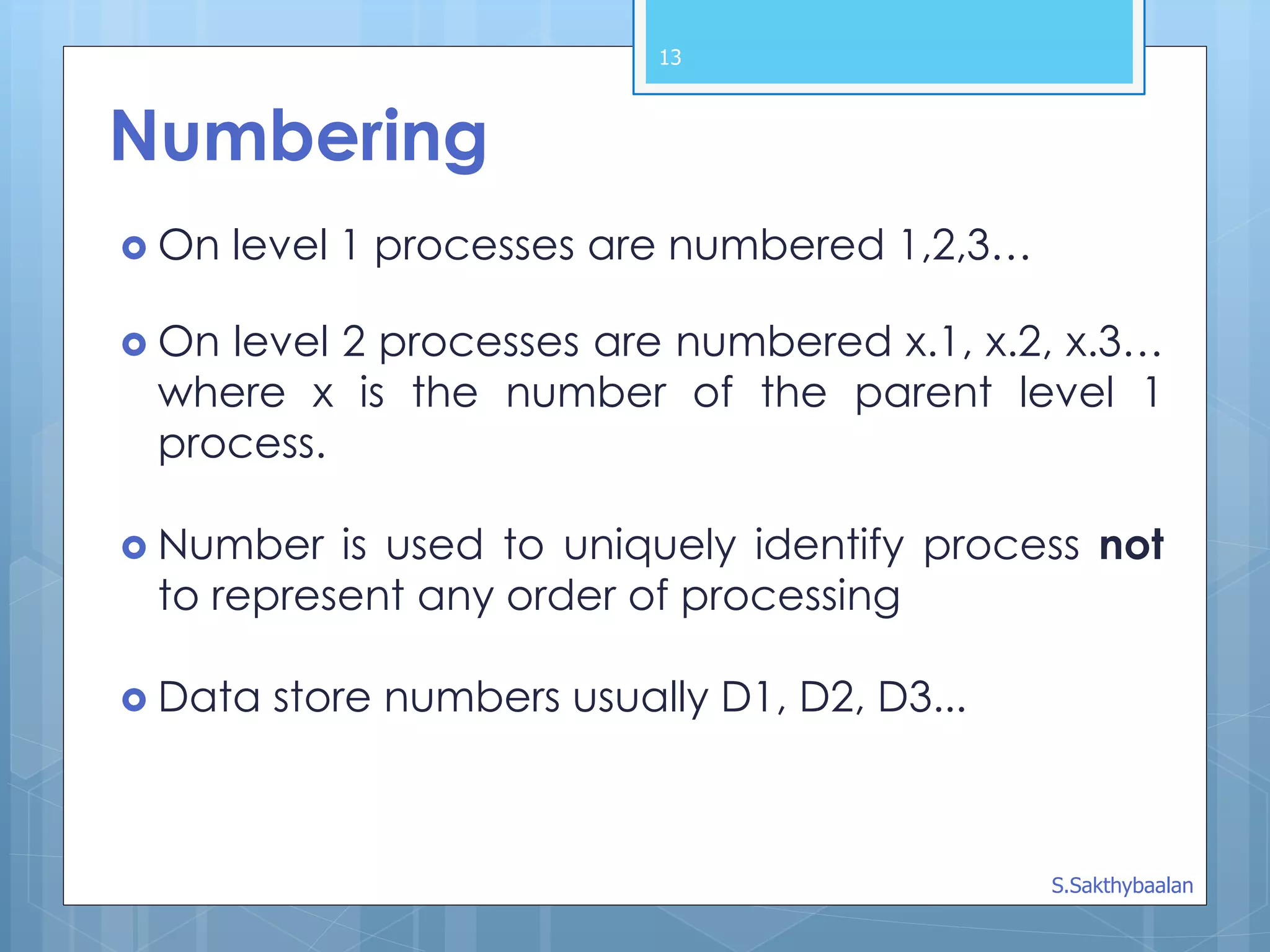 13
Numbering
 On level 1 processes are numbered 1,2,3…
 On level 2 processes are numbered x.1, x.2, x.3…
where x is the number of the parent level 1
process.
 Number is used to uniquely identify process not
to represent any order of processing
 Data store numbers usually D1, D2, D3...
S.Sakthybaalan
 