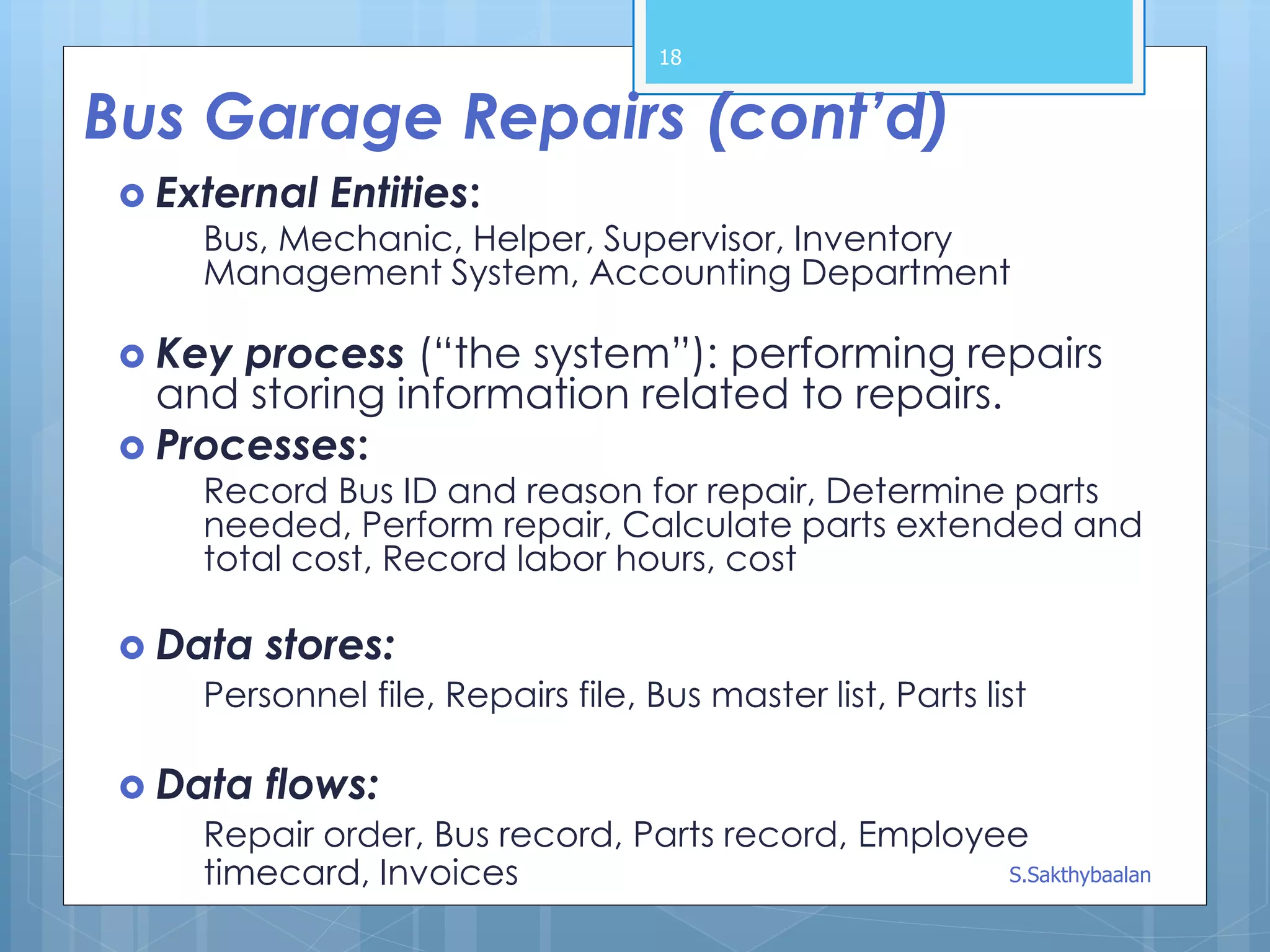 Bus Garage Repairs (cont’d)
 External Entities:
Bus, Mechanic, Helper, Supervisor, Inventory
Management System, Accounting Department
 Key process (“the system”): performing repairs
and storing information related to repairs.
 Processes:
Record Bus ID and reason for repair, Determine parts
needed, Perform repair, Calculate parts extended and
total cost, Record labor hours, cost
 Data stores:
Personnel file, Repairs file, Bus master list, Parts list
 Data flows:
Repair order, Bus record, Parts record, Employee
timecard, Invoices
18
S.Sakthybaalan
 