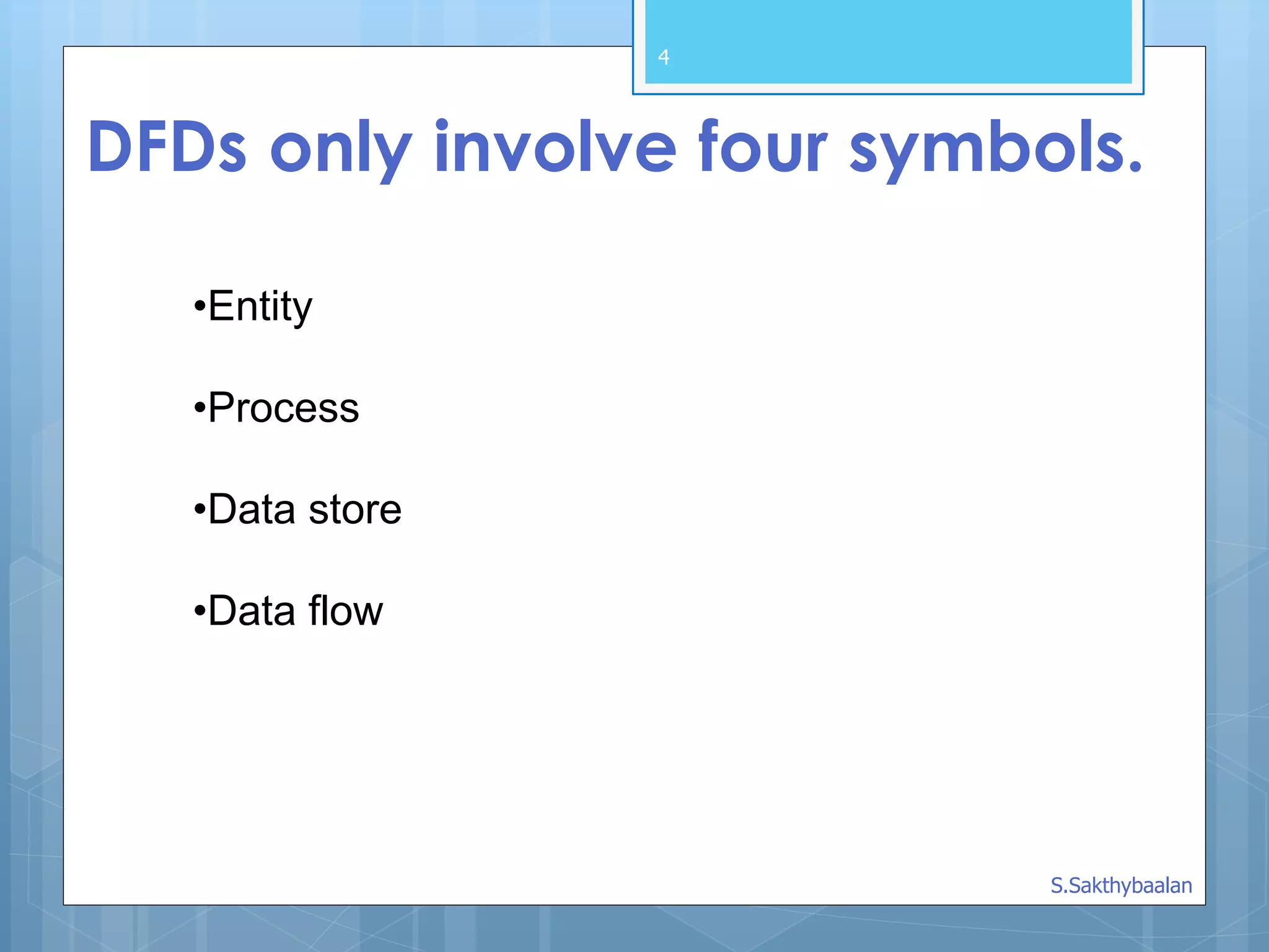 4
DFDs only involve four symbols.
•Entity
•Process
•Data store
•Data flow
S.Sakthybaalan
 