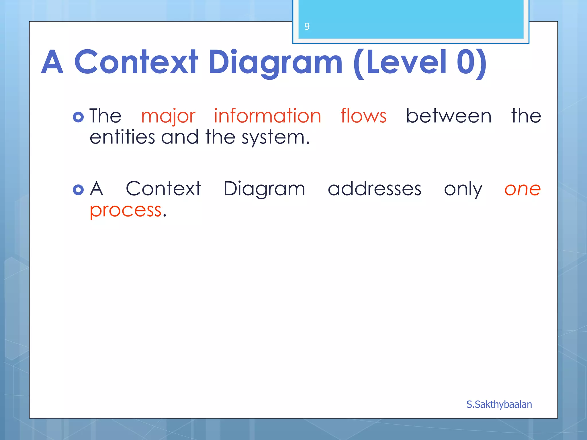 A Context Diagram (Level 0)
 The major information flows between the
entities and the system.
 A Context Diagram addresses only one
process.
9
S.Sakthybaalan
 