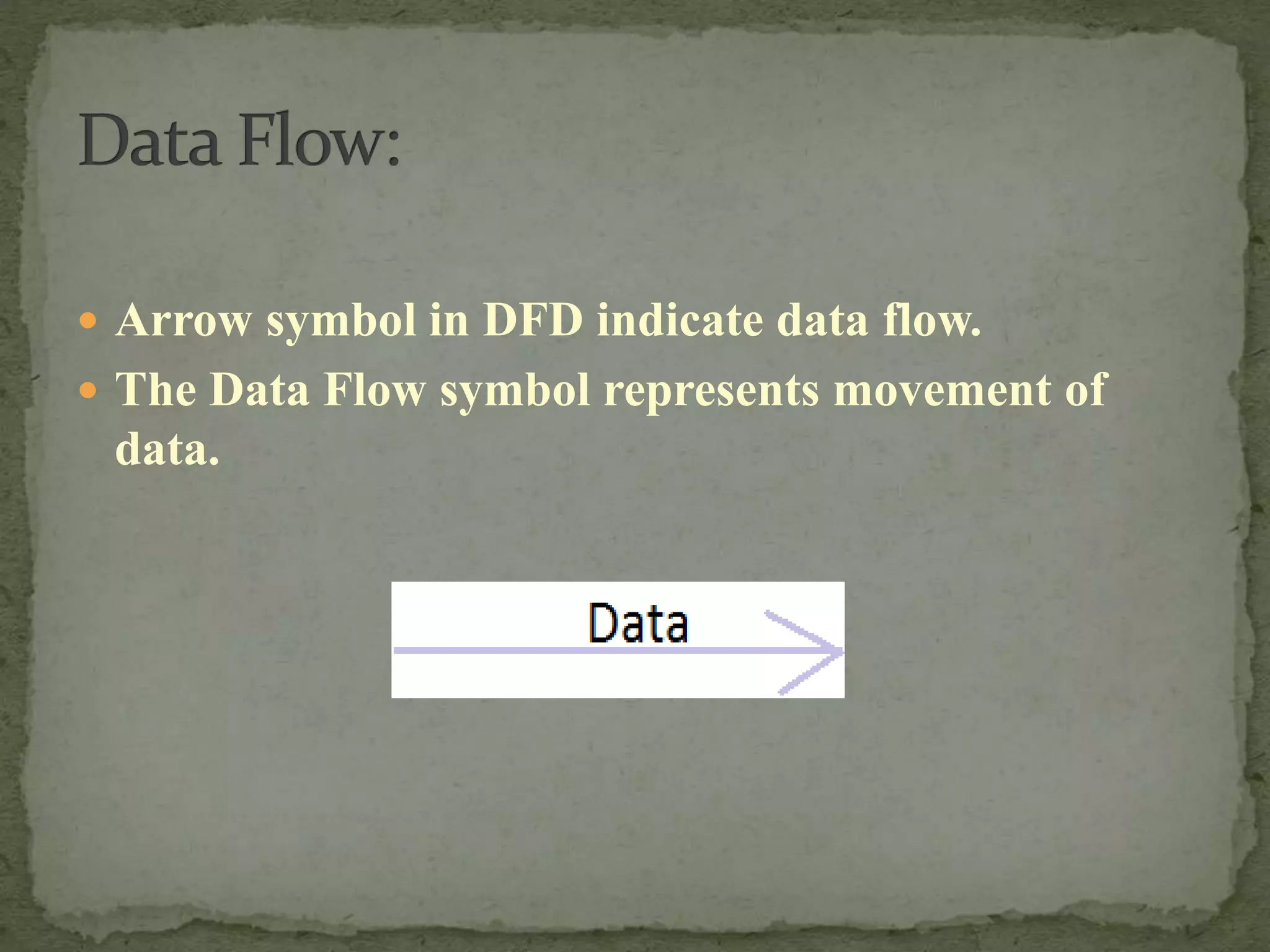  Arrow symbol in DFD indicate data flow.
 The Data Flow symbol represents movement of
data.
 