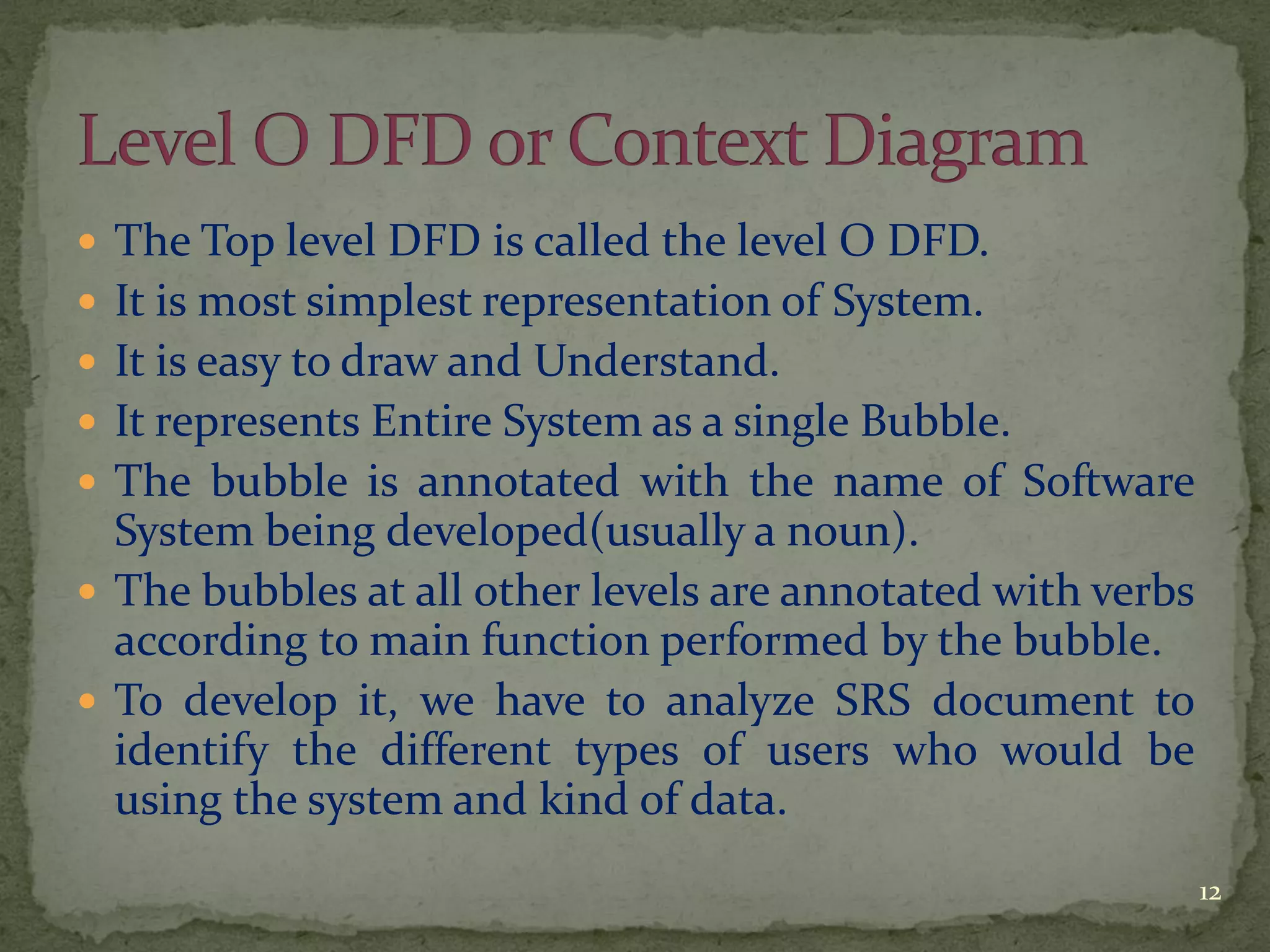  The Top level DFD is called the level O DFD.
 It is most simplest representation of System.
 It is easy to draw and Understand.
 It represents Entire System as a single Bubble.
 The bubble is annotated with the name of Software
System being developed(usually a noun).
 The bubbles at all other levels are annotated with verbs
according to main function performed by the bubble.
 To develop it, we have to analyze SRS document to
identify the different types of users who would be
using the system and kind of data.
12
 