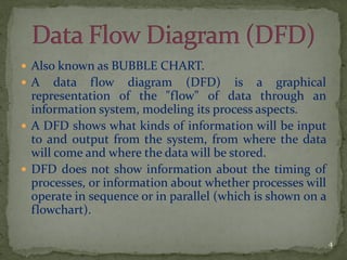  Also known as BUBBLE CHART.
 A data flow diagram (DFD) is a graphical
representation of the "flow" of data through an
information system, modeling its process aspects.
 A DFD shows what kinds of information will be input
to and output from the system, from where the data
will come and where the data will be stored.
 DFD does not show information about the timing of
processes, or information about whether processes will
operate in sequence or in parallel (which is shown on a
flowchart).
4
 