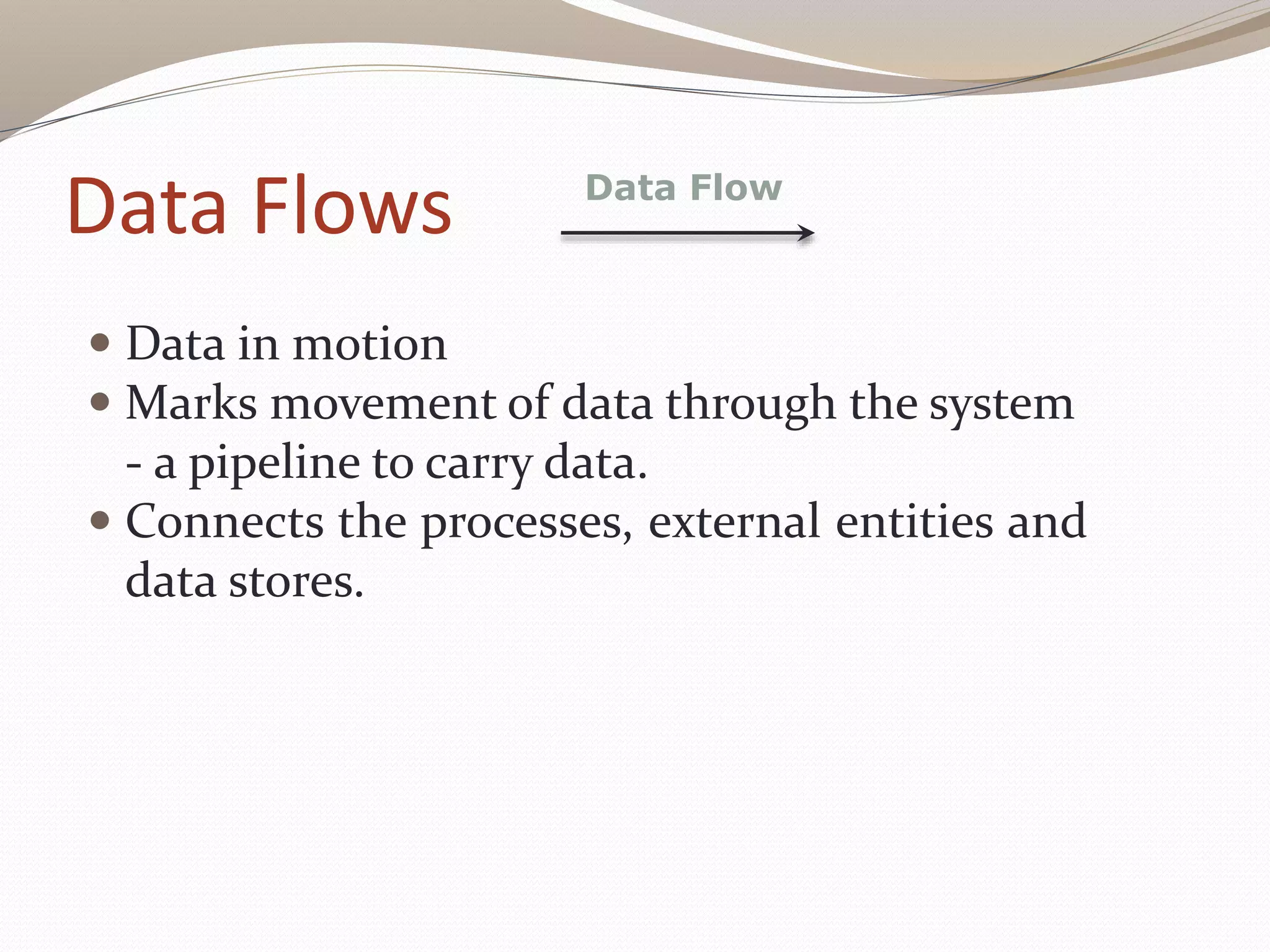 Data Flows
 Data in motion
 Marks movement of data through the system
- a pipeline to carry data.
 Connects the processes, external entities and
data stores.
Data Flow
 