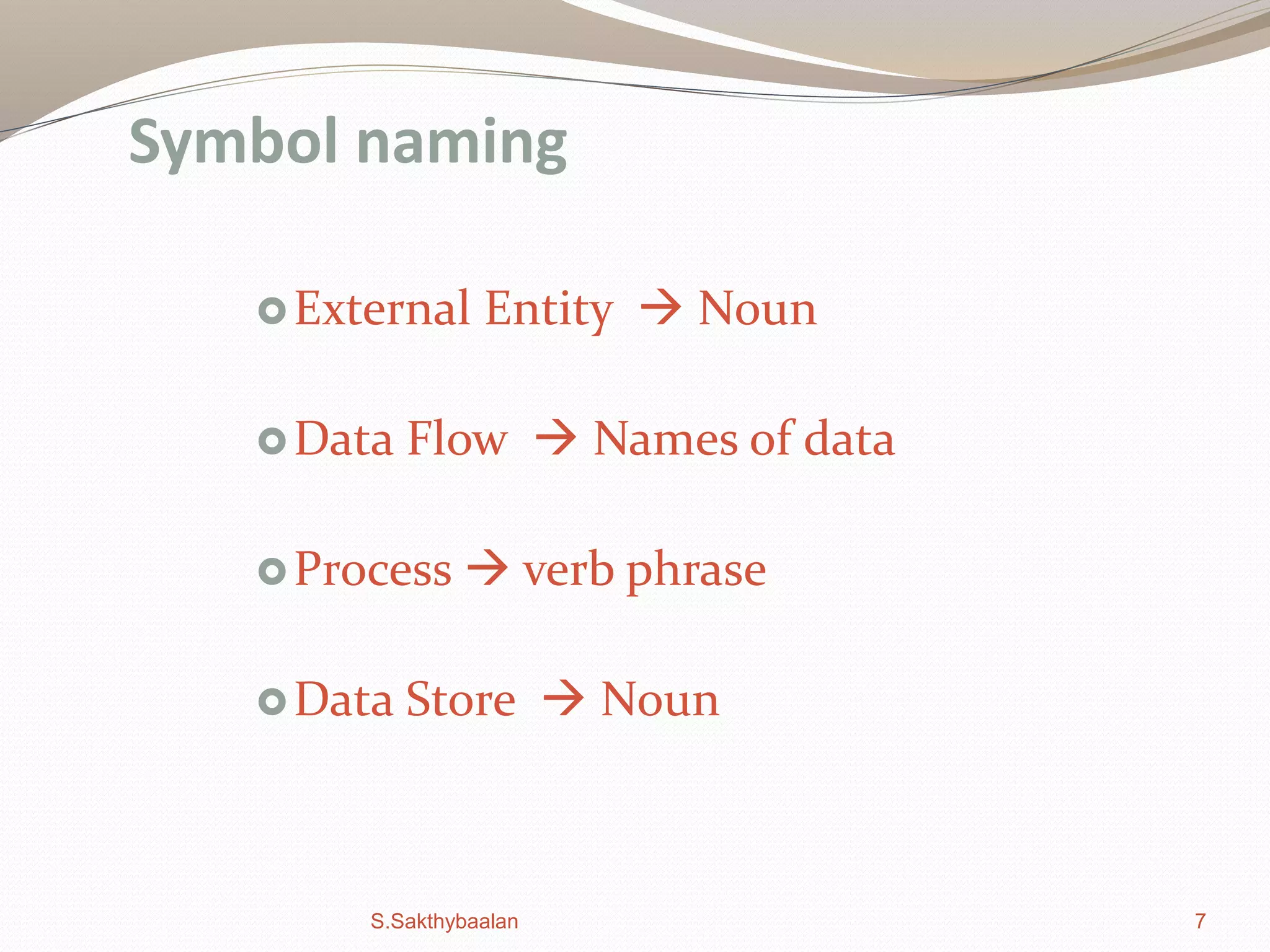 7
External Entity  Noun
Data Flow  Names of data
Process  verb phrase
Data Store  Noun
Symbol naming
S.Sakthybaalan
 