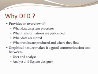 Why DFD ?
 Provides an overview of-
 What data a system processes
 What transformations are performed
 What data are stored
 What results are produced and where they flow
 Graphical nature makes it a good communication tool
between-
 User and analyst
 Analyst and System designer
 