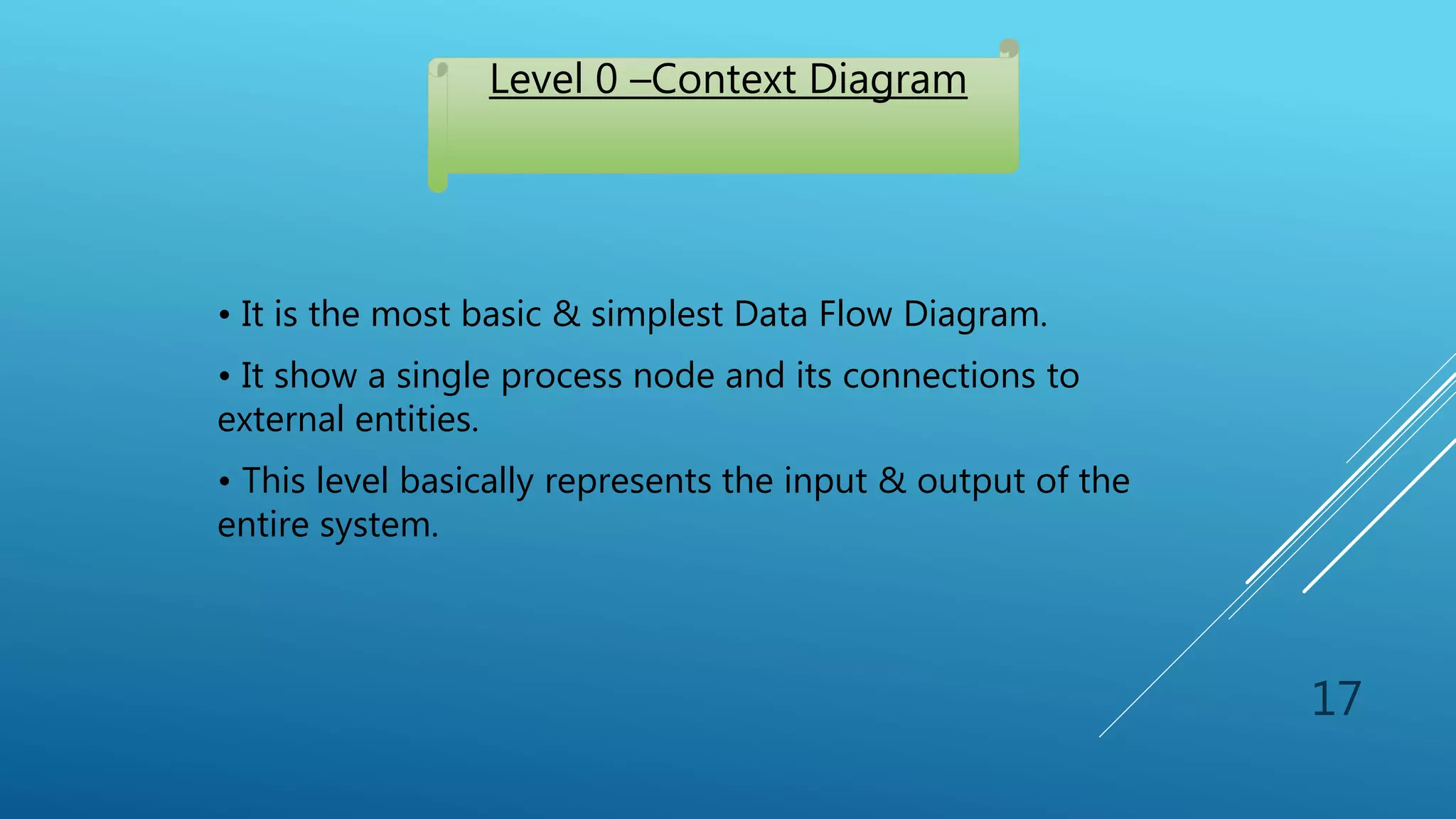 • It is the most basic & simplest Data Flow Diagram.
• It show a single process node and its connections to
external entities.
• This level basically represents the input & output of the
entire system.
Level 0 –Context Diagram
17
 