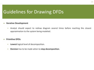 35
Guidelines for Drawing DFDs
 Iterative Development
 Analyst should expect to redraw diagram several times before reaching the closest
approximation to the system being modeled.
 Primitive DFDs
 Lowest logical level of decomposition.
 Decision has to be made when to stop decomposition.
 