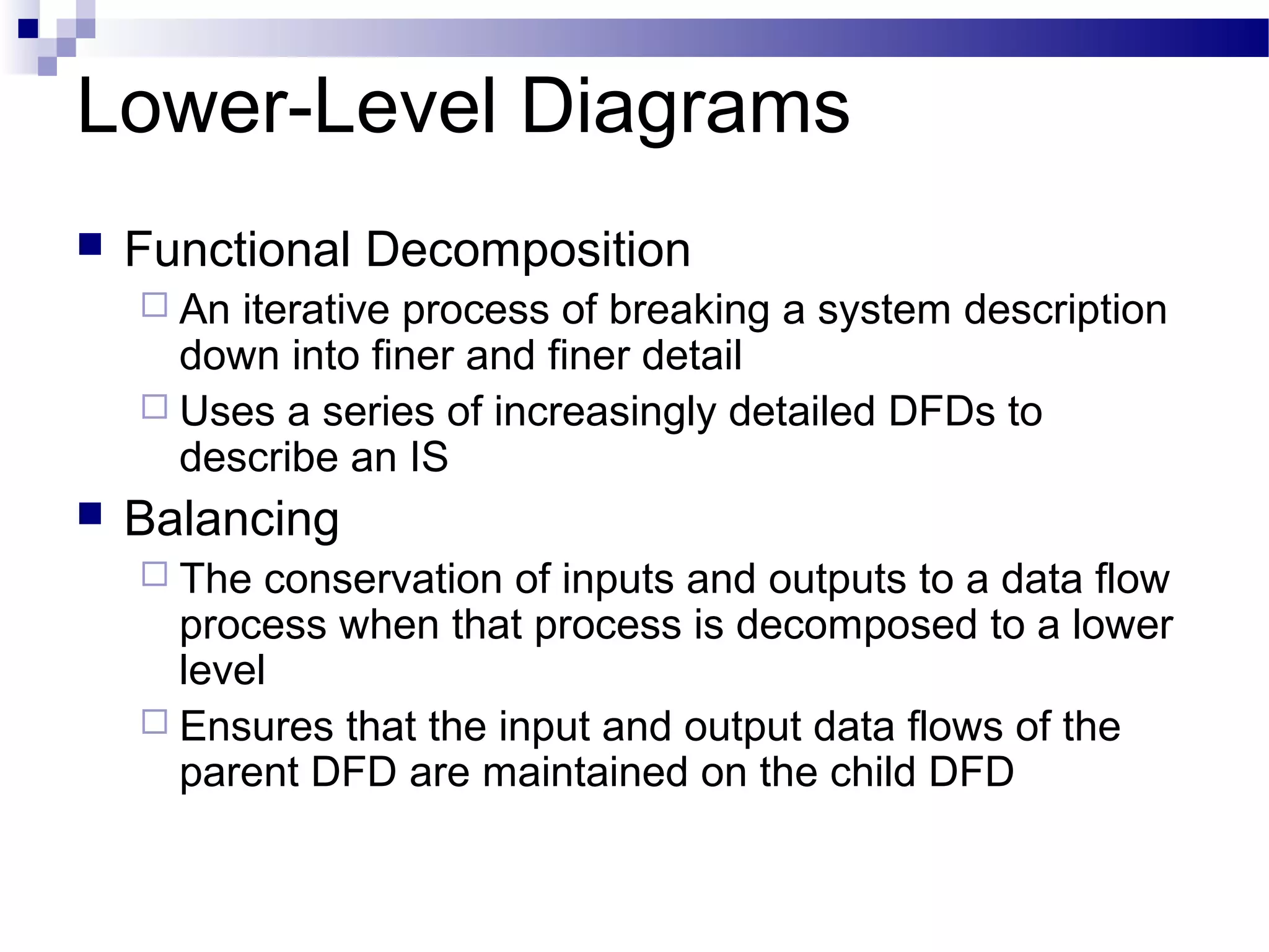 Lower-Level Diagrams
 Functional Decomposition
 An iterative process of breaking a system description
down into finer and finer detail
 Uses a series of increasingly detailed DFDs to
describe an IS
 Balancing
 The conservation of inputs and outputs to a data flow
process when that process is decomposed to a lower
level
 Ensures that the input and output data flows of the
parent DFD are maintained on the child DFD
 