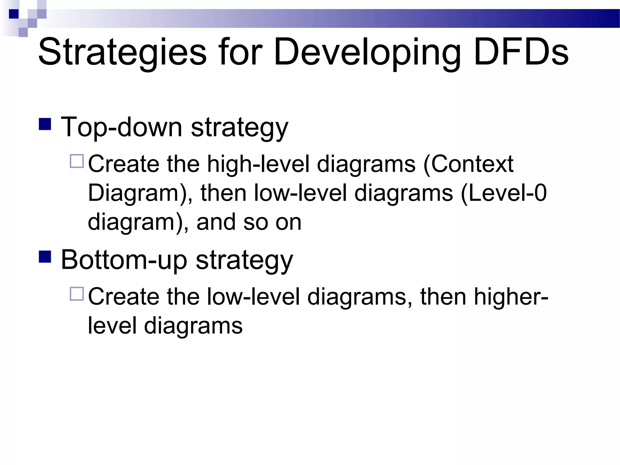 Strategies for Developing DFDs
 Top-down strategy
Create the high-level diagrams (Context
Diagram), then low-level diagrams (Level-0
diagram), and so on
 Bottom-up strategy
Create the low-level diagrams, then higher-
level diagrams
 