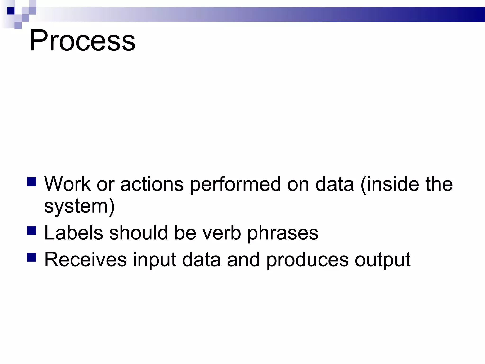 Process
 Work or actions performed on data (inside the
system)
 Labels should be verb phrases
 Receives input data and produces output
 