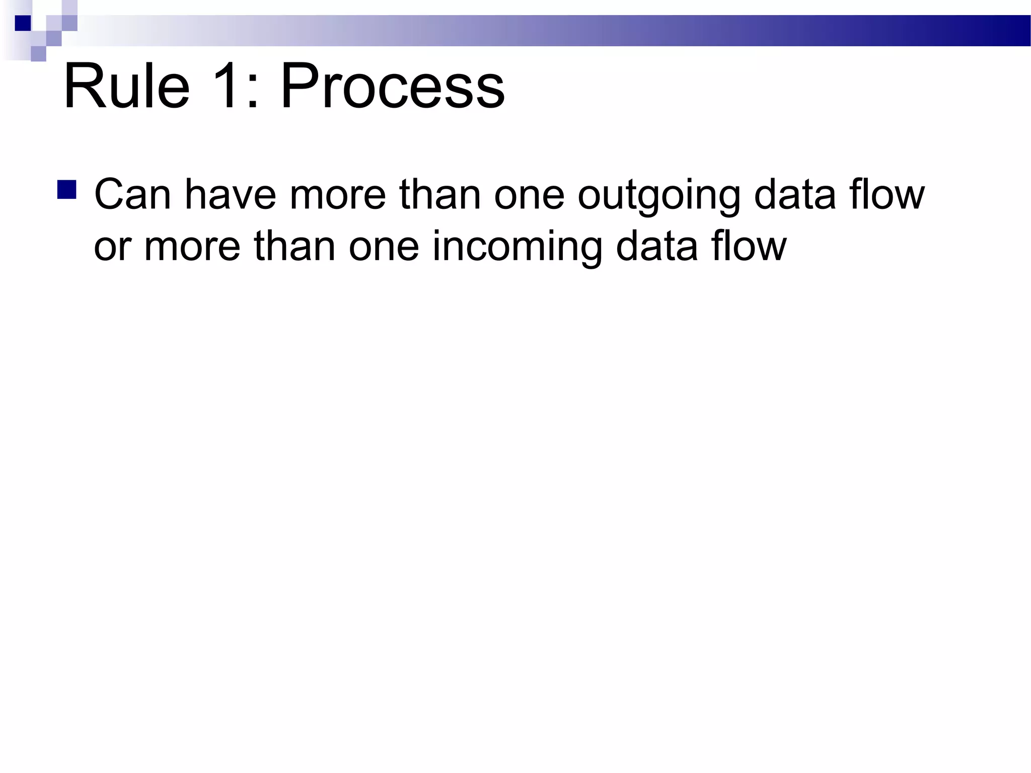Rule 1: Process
 Can have more than one outgoing data flow
or more than one incoming data flow
 