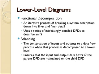 Lower-Level DiagramsLower-Level Diagrams
Functional Decomposition
◦ An iterative process of breaking a system description
down into finer and finer detail
◦ Uses a series of increasingly detailed DFDs to
describe an IS
Balancing
◦ The conservation of inputs and outputs to a data flow
process when that process is decomposed to a lower
level
◦ Ensures that the input and output data flows of the
parent DFD are maintained on the child DFD
 