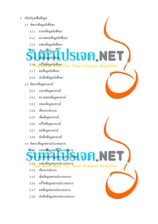  

    3. ปรับปรุ งแฟ้ มข้อมูล
        3.1 จัดการข้อมูลนักศึกษา
            3.1.1 กรอกข้อมูลนักศึกษา
            3.1.2 ตรวจสอบข้อมูลนักศึกษา
            3.1.3 แสดงข้อมูลนักศึกษา
            3.1.4 เลือกการทํางาน
            3.1.5 เพิ่มข้อมูลนักศึกษา
            3.1.6 แก้ไขข้อมูลนักศึกษา
            3.1.7 ลบข้อมูลนักศึกษา
            3.1.8 บันทึกข้อมูลนักศึกษา
        3.2 จัดการข้อมูลอาจารย์
            3.2.1 กรอกข้อมูลอาจารย์
            3.2.2 ตรวจสอบข้อมูลอาจารย์
            3.2.3 แสดงข้อมูลอาจารย์
            3.2.4 เลือกการทํางาน
            3.2.5 เพิ่มข้อมูลอาจารย์
            3.2.6 แก้ไขข้อมูลอาจารย์
            3.2.7 ลบข้อมูลอาจารย์
            3.2.8 บันทึกข้อมูลอาจารย์
        3.3 จัดการข้อมูลสถานประกอบการ
            3.3.1 กรอกข้อมูลสถานประกอบการ
            3.3.2 ตรวจสอบข้อมูลสถานประกอบการ
            3.3.3 แสดงข้อมูลสถานประกอบการ
            3.3.4 เลือกการทํางาน
            3.3.5 เพิ่มข้อมูลสถานประกอบการ
            3.3.6 แก้ไขข้อมูลสถานประกอบการ
            3.3.7 ลบข้อมูลสถานประกอบการ
            3.3.8 บันทึกข้อมูลสถานประกอบการ


 
 