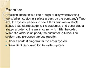 Exercise:
Precision Tools sells a line of high-quality woodworking
tools. When customers place orders on the company’s Web
site, the system checks to see if the items are in stock,
issues a status message to the customer, and generates a
shipping order to the warehouse, which fills the order.
When the order is shipped, the customer is billed. The
system also produces various reports.
 Draw a context diagram for the order system
 Draw DFD diagram 0 for the order system
 