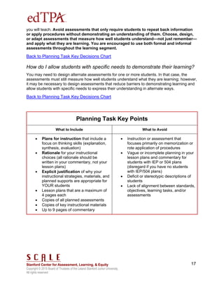 Copyright © 2015 Board of Trustees of the Leland Stanford Junior University.
All rights reserved
17
you will teach. Avoid assessments that only require students to repeat back information
or apply procedures without demonstrating an understanding of them. Choose, design,
or adapt assessments that measure how well students understand—not just remember—
and apply what they are learning. You are encouraged to use both formal and informal
assessments throughout the learning segment.
Back to Planning Task Key Decisions Chart
How do I allow students with specific needs to demonstrate their learning?
You may need to design alternate assessments for one or more students. In that case, the
assessments must still measure how well students understand what they are learning; however,
it may be necessary to design assessments that reduce barriers to demonstrating learning and
allow students with specific needs to express their understanding in alternate ways.
Back to Planning Task Key Decisions Chart
Planning Task Key Points
What to Include What to Avoid
 Plans for instruction that include a
focus on thinking skills (explanation,
synthesis, evaluation)
 Rationale for your instructional
choices (all rationale should be
written in your commentary, not your
lesson plans)
 Explicit justification of why your
instructional strategies, materials, and
planned supports are appropriate for
YOUR students
 Lesson plans that are a maximum of
4 pages each
 Copies of all planned assessments
 Copies of key instructional materials
 Up to 9 pages of commentary
 Instruction or assessment that
focuses primarily on memorization or
rote application of procedures
 Vague or incomplete planning in your
lesson plans and commentary for
students with IEP or 504 plans
(disregard if you have no students
with IEP/504 plans)
 Deficit or stereotypic descriptions of
students
 Lack of alignment between standards,
objectives, learning tasks, and/or
assessments
 