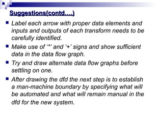 Suggestions(contd….)Suggestions(contd….)
 Label each arrow with proper data elements and
inputs and outputs of each transform needs to be
carefully identified.
 Make use of ‘*’ and ‘+’ signs and show sufficient
data in the data flow graph.
 Try and draw alternate data flow graphs before
settling on one.
 After drawing the dfd the next step is to establish
a man-machine boundary by specifying what will
be automated and what will remain manual in the
dfd for the new system.
 