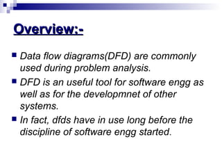 Overview:-Overview:-
 Data flow diagrams(DFD) are commonly
used during problem analysis.
 DFD is an useful tool for software engg as
well as for the developmnet of other
systems.
 In fact, dfds have in use long before the
discipline of software engg started.
 