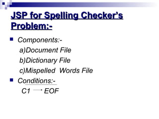 JSP for Spelling Checker’sJSP for Spelling Checker’s
Problem:-Problem:-
 Components:-
a)Document File
b)Dictionary File
c)Mispelled Words File
 Conditions:-
C1 EOF
 