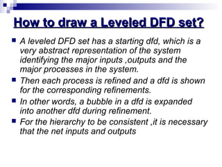 How to draw a Leveled DFD set?How to draw a Leveled DFD set?
 A leveled DFD set has a starting dfd, which is a
very abstract representation of the system
identifying the major inputs ,outputs and the
major processes in the system.
 Then each process is refined and a dfd is shown
for the corresponding refinements.
 In other words, a bubble in a dfd is expanded
into another dfd during refinement.
 For the hierarchy to be consistent ,it is necessary
that the net inputs and outputs
 
