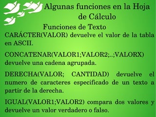 Algunas funciones en la Hoja 
de Cálculo
Funciones de Texto
CARÁCTER(VALOR) devuelve el valor de la tabla 
en ASCII.
CONCATENAR(VALOR1;VALOR2;..;VALORX) 
devuelve una cadena agrupada.
DERECHA(VALOR;  CANTIDAD)  devuelve  el 
numero  de  caracteres  especificado  de  un  texto  a 
partir de la derecha.
IGUAL(VALOR1;VALOR2)  compara  dos  valores  y 
devuelve un valor verdadero o falso.
 