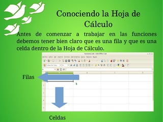 Conociendo la Hoja de 
Cálculo
Antes de comenzar a trabajar en las funciones
debemos tener bien claro que es una fila y que es una
celda dentro de la Hoja de Cálculo.
Filas
Celdas
 