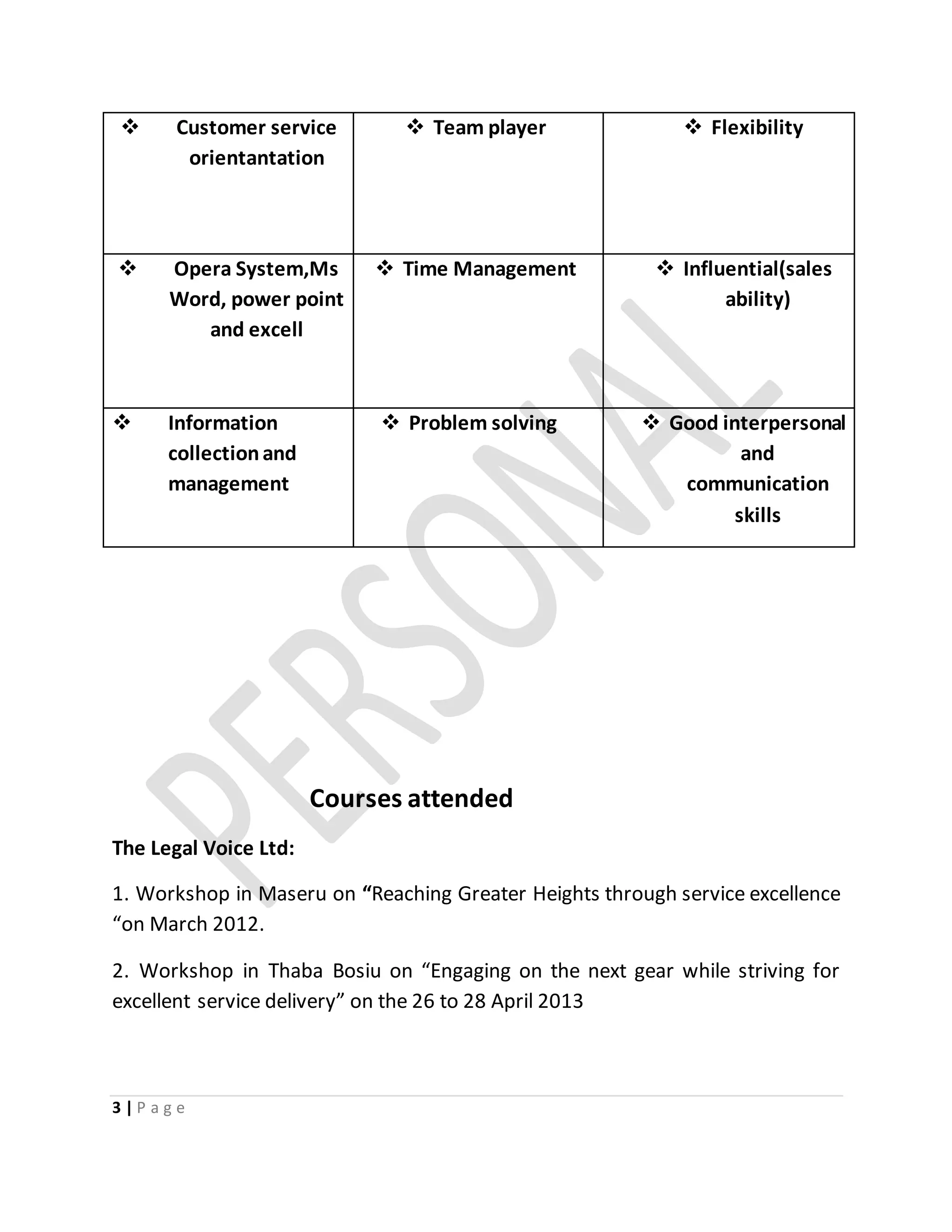 3 | P a g e
 Customer service
orientantation
 Team player  Flexibility
 Opera System,Ms
Word, power point
and excell
 Time Management  Influential(sales
ability)
 Information
collectionand
management
 Problem solving  Good interpersonal
and
communication
skills
Courses attended
The Legal Voice Ltd:
1. Workshop in Maseru on “Reaching Greater Heights through service excellence
“on March 2012.
2. Workshop in Thaba Bosiu on “Engaging on the next gear while striving for
excellent service delivery” on the 26 to 28 April 2013
 
