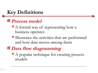 6 - 1
Key Definitions
Process model
A formal way of representing how a
business operates
Illustrates the activities that are performed
and how data moves among them
Data flow diagramming
A popular technique for creating process
models
 