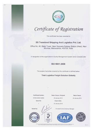 ss transland shipping  logistic pvt ltd certificate